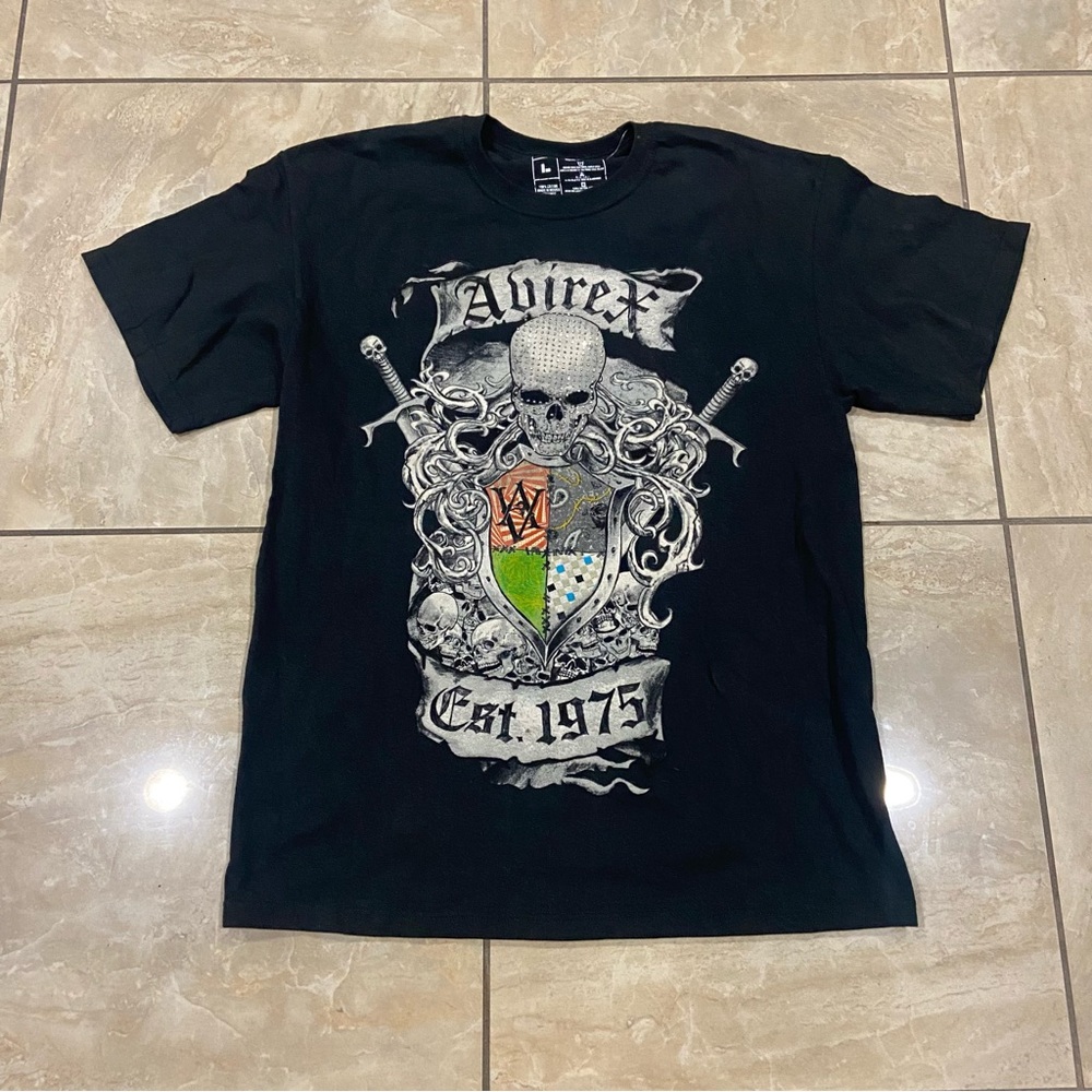 Avirex Graphic T-Shirt Y2K Skull Studded Goth Grunge Classic Est 1975 Sz L